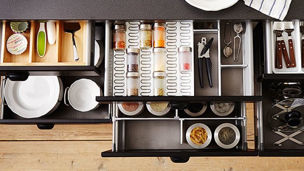 Maximise space by de-cluttering your kitchen and go for space-saving solutions in cabinets and drawers.