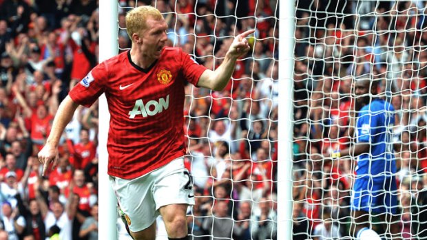 Manchester United's Paul Scholes after scoring the opening goal against Wigan.