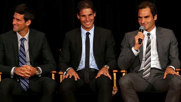 Novak Djokovic, Rafael Nadal and Roger Federer on stage during the ATP Heritage Celebration at The Waldorf=Astoria in New York.