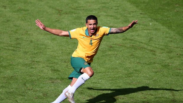 Tim Cahill reacts after arguably his greatest ever goal.