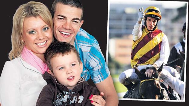 Left: Stathi Katsidis with his fiancee, Melissa Jackson, and her  son, Brooklyn, earlier this year.  Right: Katsidis on Shoot Out after winning the AJC Australian Derby in April. The pair were strongly fancied for this weekend’s Cox Plate.
