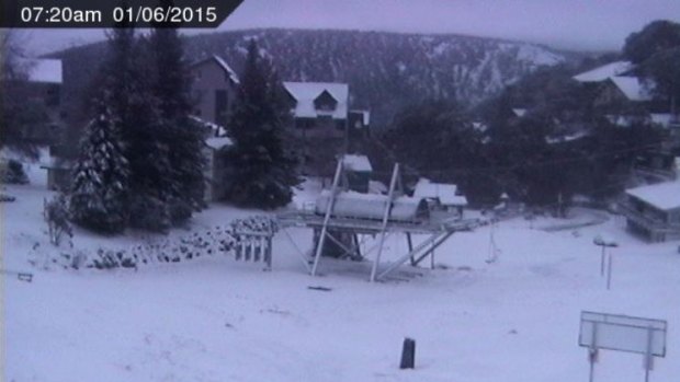 A snow cam image from Eagle Chair, Falls Creek, at 7.20am on June 1.