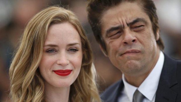 'I think that everyone should wear flats, to be honest' ... Emily Blunt is not impressed with Cannes' high-heels only rule, and her <i>Sicario</i> co-star Benicio Del Toro says he may start wearing them in solidarity.