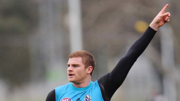 Collingwood's star defender Heath Shaw trains yesterday ahead of tonight's blockbuster clash with Geelong at the MCG.