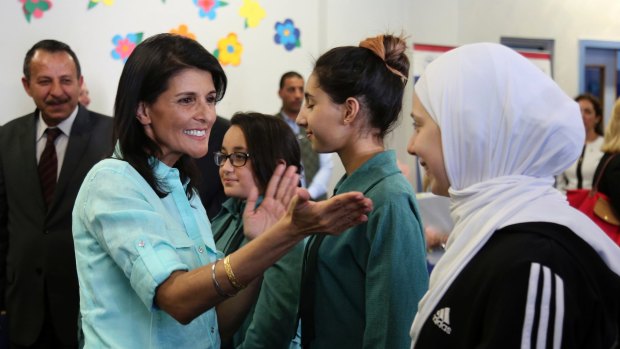 US Ambassador to the United Nations Nikki Haley meets with Syrian refugee students in Amman, Jordan.