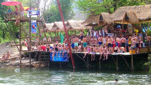 A riverside bar in Vang Vieng. Authorities have closed down seven bars after reportedly finding they were serving tourists alcoholic drinks laced with opium and hallucinogenic mushrooms.