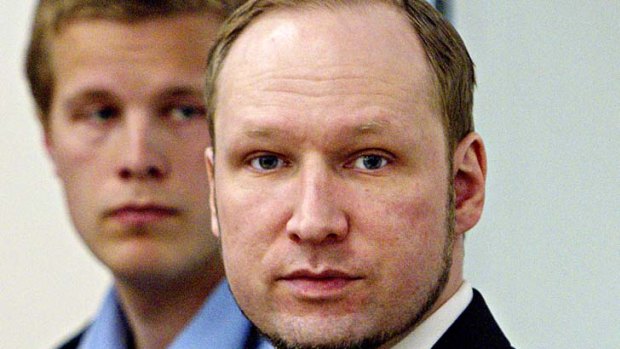 Mass-killer Anders Behring Breivik looks on during his trial at the court in Oslo, Norway.