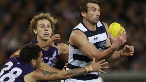Michael Walter (left) and Chris Mayne apply the Dockers' forward pressure to perfection.