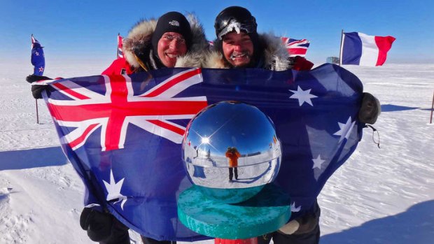 Justin Jones (left) and James Castrission pose at the South Pole.