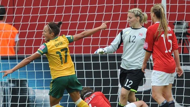 It's a knockout ... Kyah Simon wheels away after heading the winner against Norway. The Matildas face Sweden in the quarter-finals.