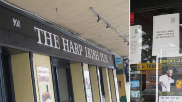 Closing times ... (left) outside The Harp Irish Pub in Tempe and (right) the closed sign on the window.