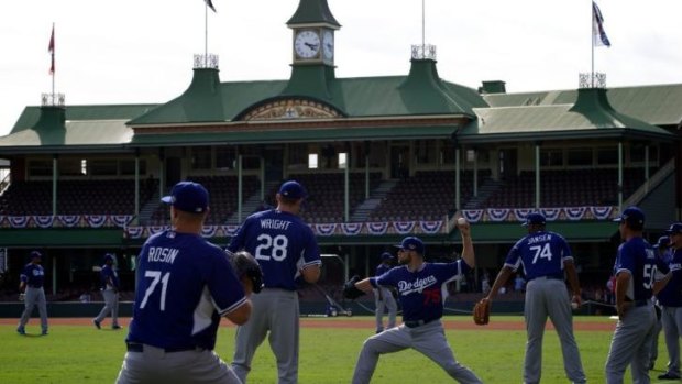Take me to the ball park: The LA Dodgers practise at the SCG for the first time on Tuesday.