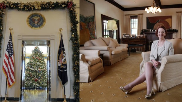 Compare and contrast ... December in The Lodge with the PM, Julia Gillard, and at the White House. Photos: Alex Ellinghausen and AP