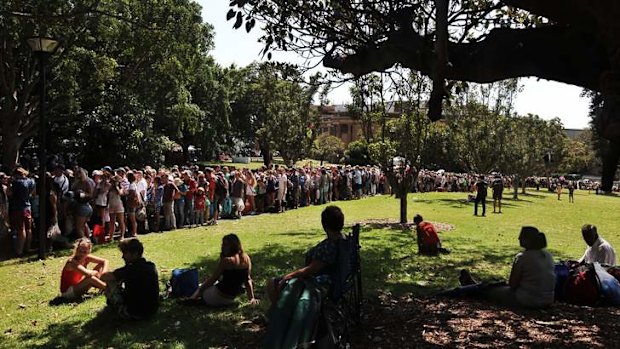 Early birds ... thousands line up outside Mrs Macquaries Chair for the New Year's Eve fireworks.