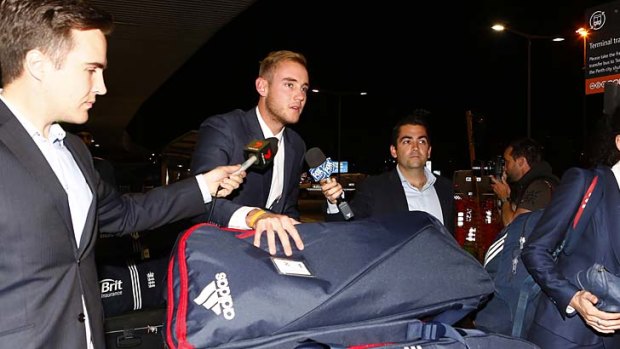 Jetting in: English bowler Stuart Broad on arrival at Perth Airport.