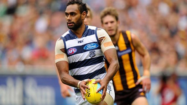 In full flight: Travis Varcoe against Hawthorn on Monday at his happy hunting ground, the MCG.