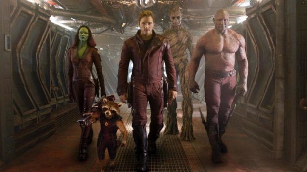 Underdogs: From left, Zoe Saldana, the character Rocket Racoon (voiced by Bradley Cooper), Chris Pratt, the character Groot (voiced by Vin Diesel) and Dave Bautista in <i>Guardians of the Galaxy.</i>