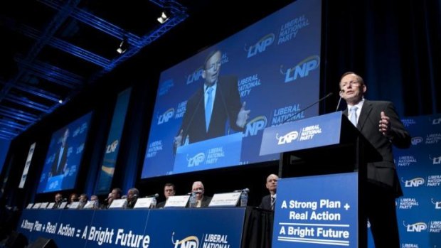 Prime Minister Tony Abbott speaks at the Liberal National Party state conference in Brisbane.
