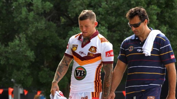 Back in town &#8230; Todd Carney with Country Origin coach Laurie Daley at Kippax Park yesterday. Carney, now with the Sharks, appears to be on the brink of his NSW debut after a series of false starts.
