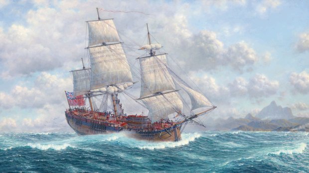 Marine artist Oswald Brett's painting of James Cook's HM Bark Endeavour. 