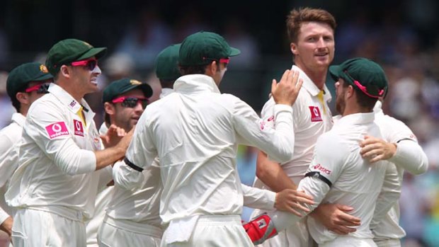 Delivering the goods ... Jackson Bird,  who was a revelation in the just-finished series against Sri Lanka, is congratulated by teammates after taking a wicket in the third Test at Sydney.