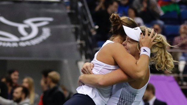 Winners: Coco Vandeweghe, right, and her teammate Shelby Rogers celebrate.