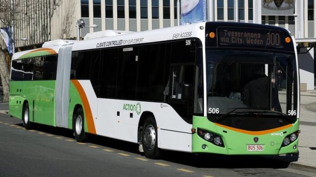 The new articulated ACTION bus during the launch at Civic Square.  It is the first of 20 new articulated buses.