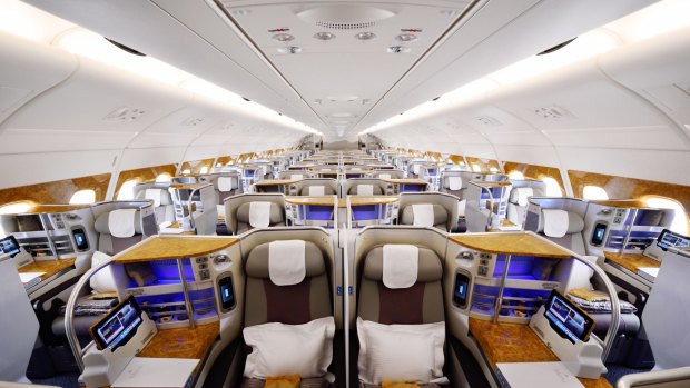 Emirates business class on board an Airbus A380.