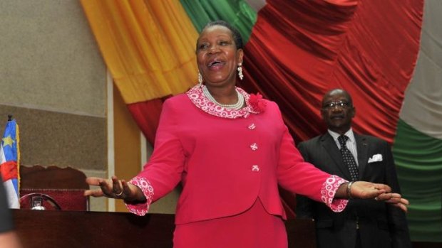 The mayor of Bangui, Catherine Samba-Panza, speaks after being elected interim president of the Central African Republic.