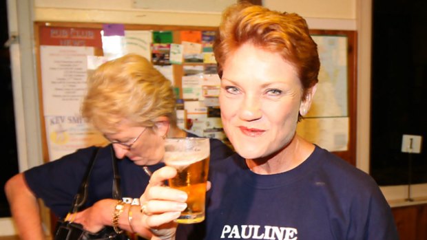 Pauline Hanson enjoys a cleansing ale last night.