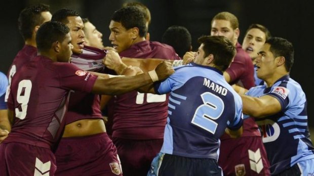 Heated moment: Tempers flare during the Under 20s State of Origin match on Saturday night.