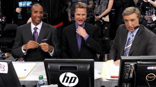 Golden State Warriors incoming coach Steve Kerr surrounded by television co-commentators Reggie Miller and Marv Albert.