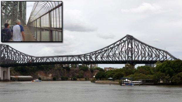 Brisbane's Story Bridge and the suicide prevention barriers installed on Montreal's Jacques Cartier Bridge, inset.