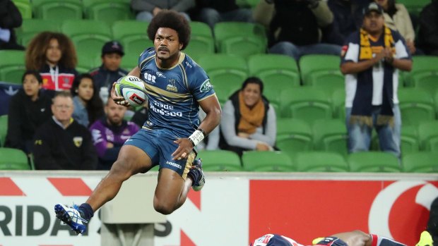 Henry Speight of the Brumbies runs in to score .