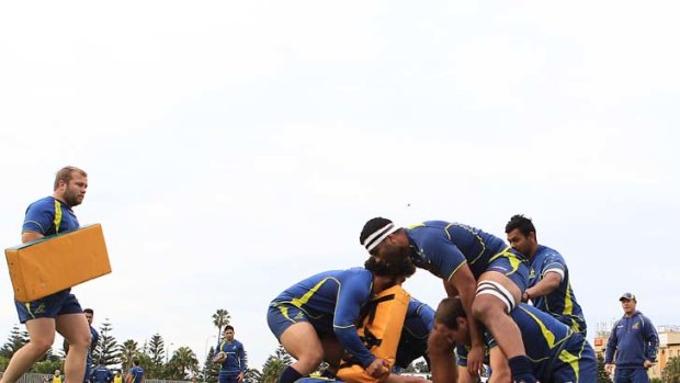 Unsatisfied &#8230; the Wallabies train at Coogee Oval yesterday in preparation for tomorrow's game against Wales.