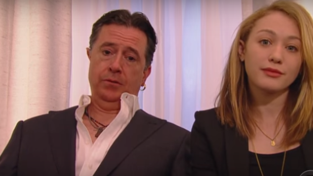 'This woman is not my wife, and I am truly sorry for smuggling her into your country' ... Stephen Colbert mocks Johnny Depp and Amber Heard's apology with the help of a younger actress.