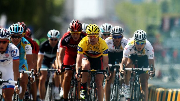 Cadel Evans sporting the yellow jersey in the Tour de France.