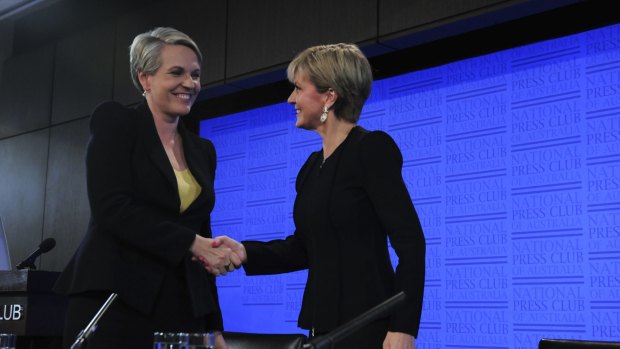 Labor's Tanya Plibersek with Julie Bishop in a National Press Club debate in 2016.
