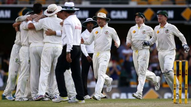 Australia celebrates after winning the first Ashes test.