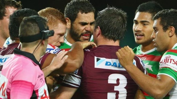 Aftermath: Rabbitohs star Greg Inglis confronts Manly captain Jamie Lyon after the tackle.