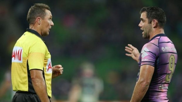 Now listen: Storm skipper Cameron Smith takes issue with one of the referees on Saturday.