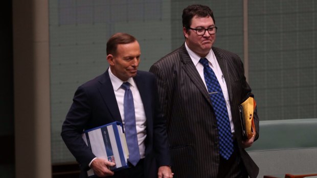 The then prime minister Tony Abbott with George Christensen in Parliament House, 2014.