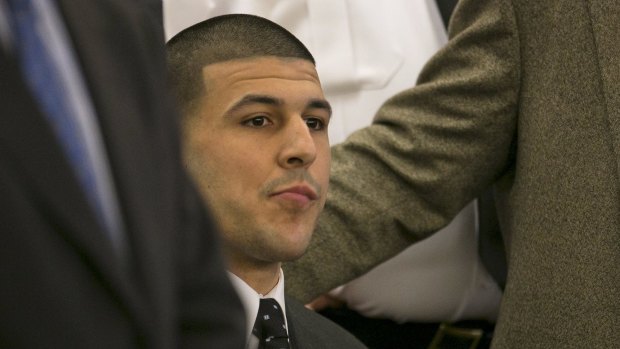 Former NFL player Aaron Hernandez listens as the guilty verdict is read during his murder trial at the Bristol County Superior Court in Fall River, Massachusetts.