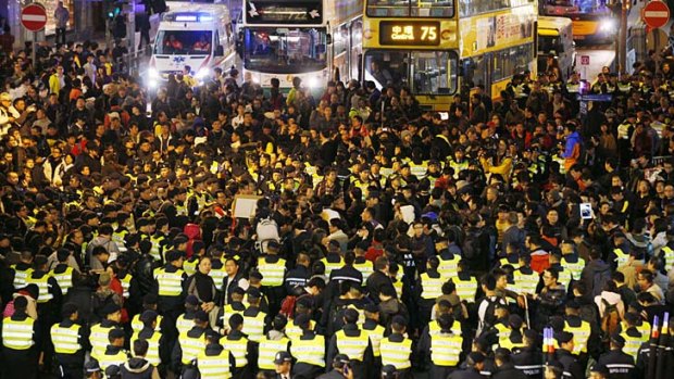 Standstill &#8230; there was a heavy police presence as protesters blocked main thoroughfares in Hong Kong on New Year's day.