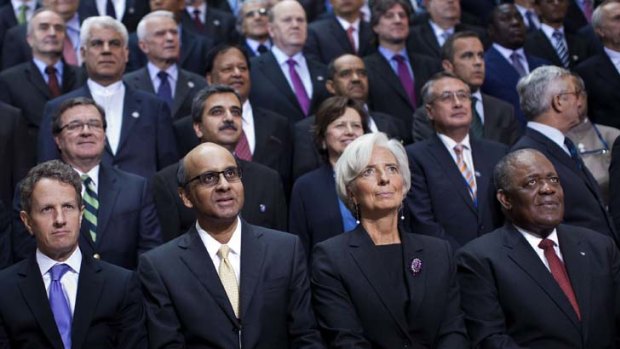 World finance ministers, including Australia's Wayne Swan (second row, second from right), at the IMF and World Bank meetings in Washington last month.