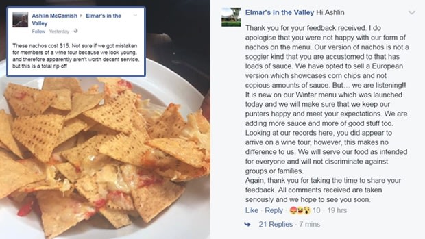 Elmar's has responded in cheesy fashion to a complaint about its nachos.