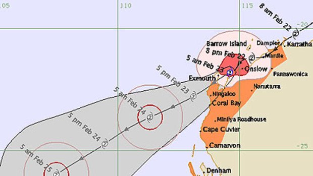The latest graphic of cyclone Carlo's parth dcown the coast of WA.