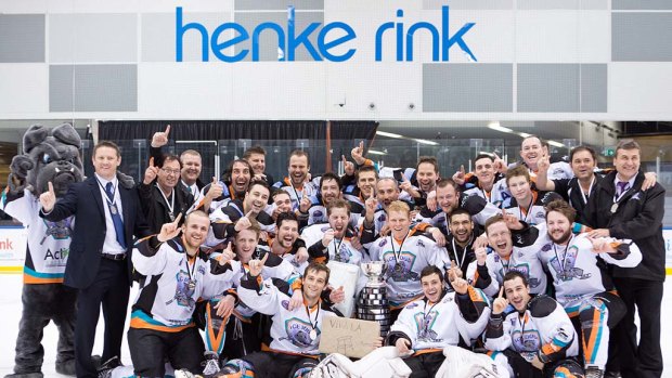 The Sydney Ice Dogs celebrate their emphatic grand final victory at the Icehouse.