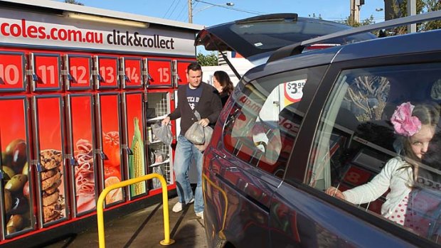 Fuss-free food shopping &#8230; Brian Barnes collects groceries bought via his smartphone app in Melbourne.