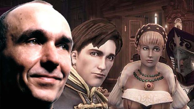 Peter Molyneux with some of the characters from Fable 3.